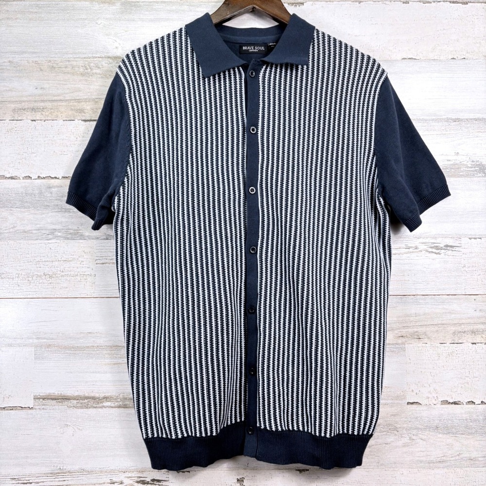 Brave Soul Knit Button Up Polo Men XL Navy Blue Striped Cardigan Retro Mod Indie